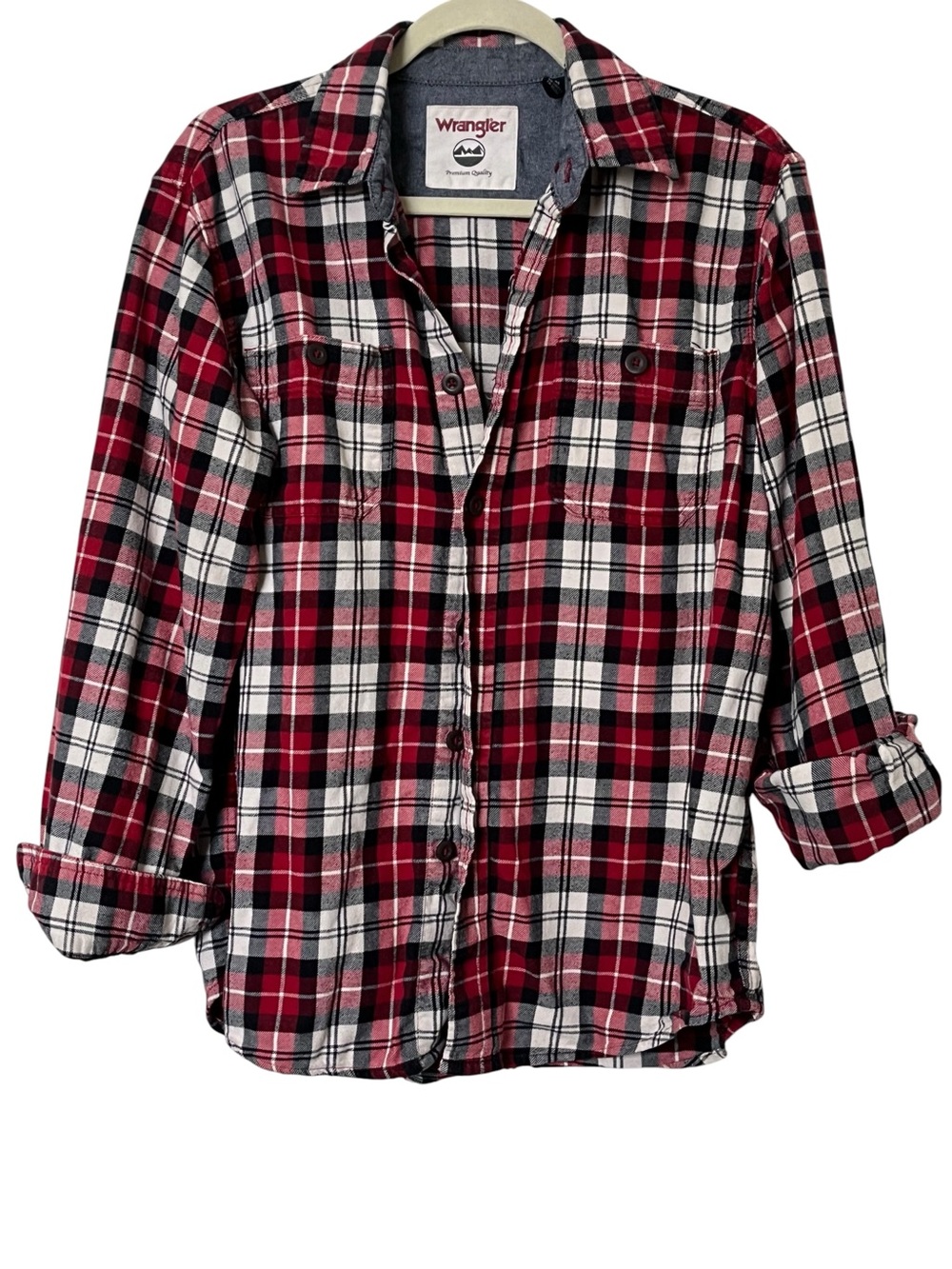 Wrangler Women’s Medium Red Black White Plaid Button Front Shirt 100% Cotton